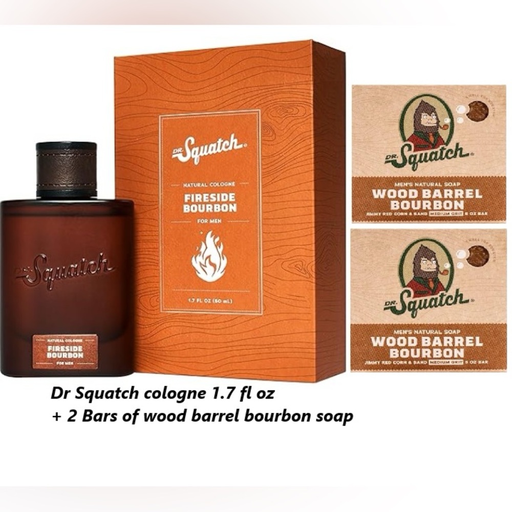 Dr Squatch cologne 1.7 fl oz
+ 2 Bars of wood barrel bourbon soap